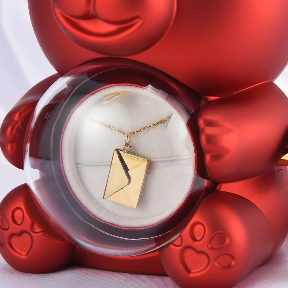 Coffret cadeau collier avec lettre d'amour et ours en peluche surprise