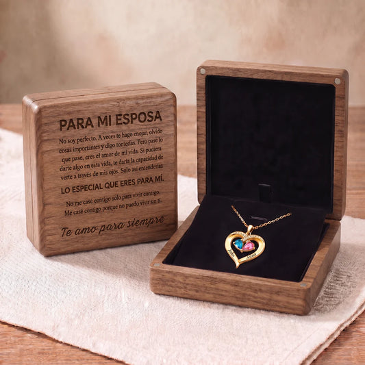 Siempre Tuya – Collar de Corazón con Piedra de Nacimiento y Caja de Nogal Grabada