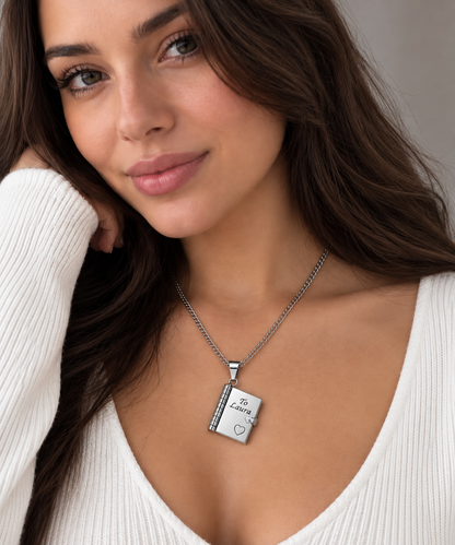 "Our Love Story" Engraved Notebook Necklace