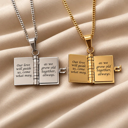 "Our Love Story" Engraved Notebook Necklace