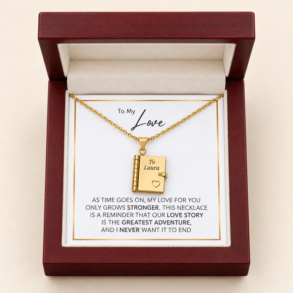 "Our Love Story" Engraved Notebook Necklace