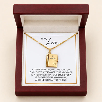 "Our Love Story" Engraved Notebook Necklace