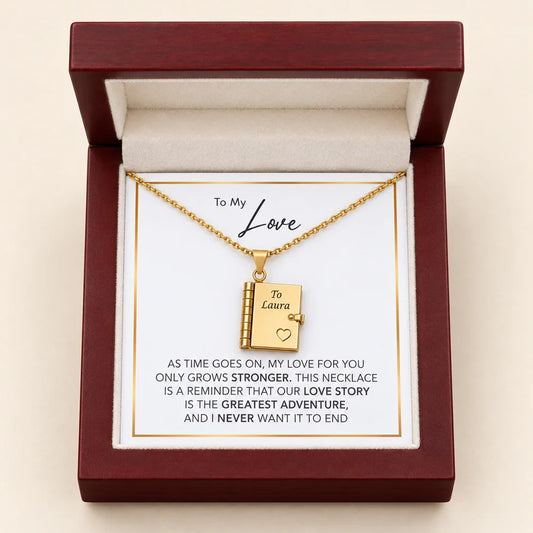 "Our Love Story" Engraved Notebook Necklace