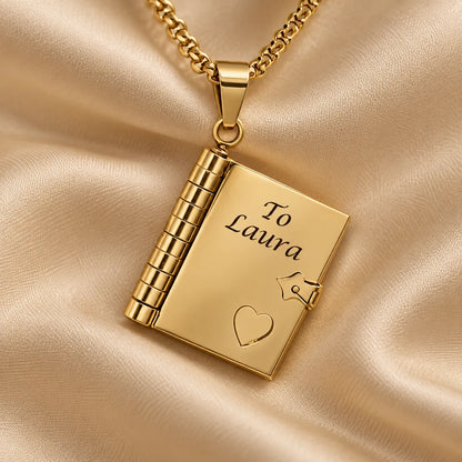 "Our Love Story" Engraved Notebook Necklace