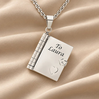 "Our Love Story" Engraved Notebook Necklace